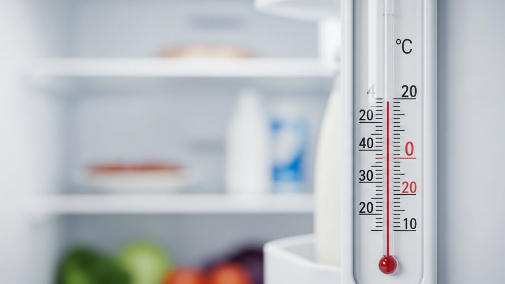Termometer Kulkas menunjukkan suhu 4 derajat celcius untuk menghambat pertumbuhan bakteri